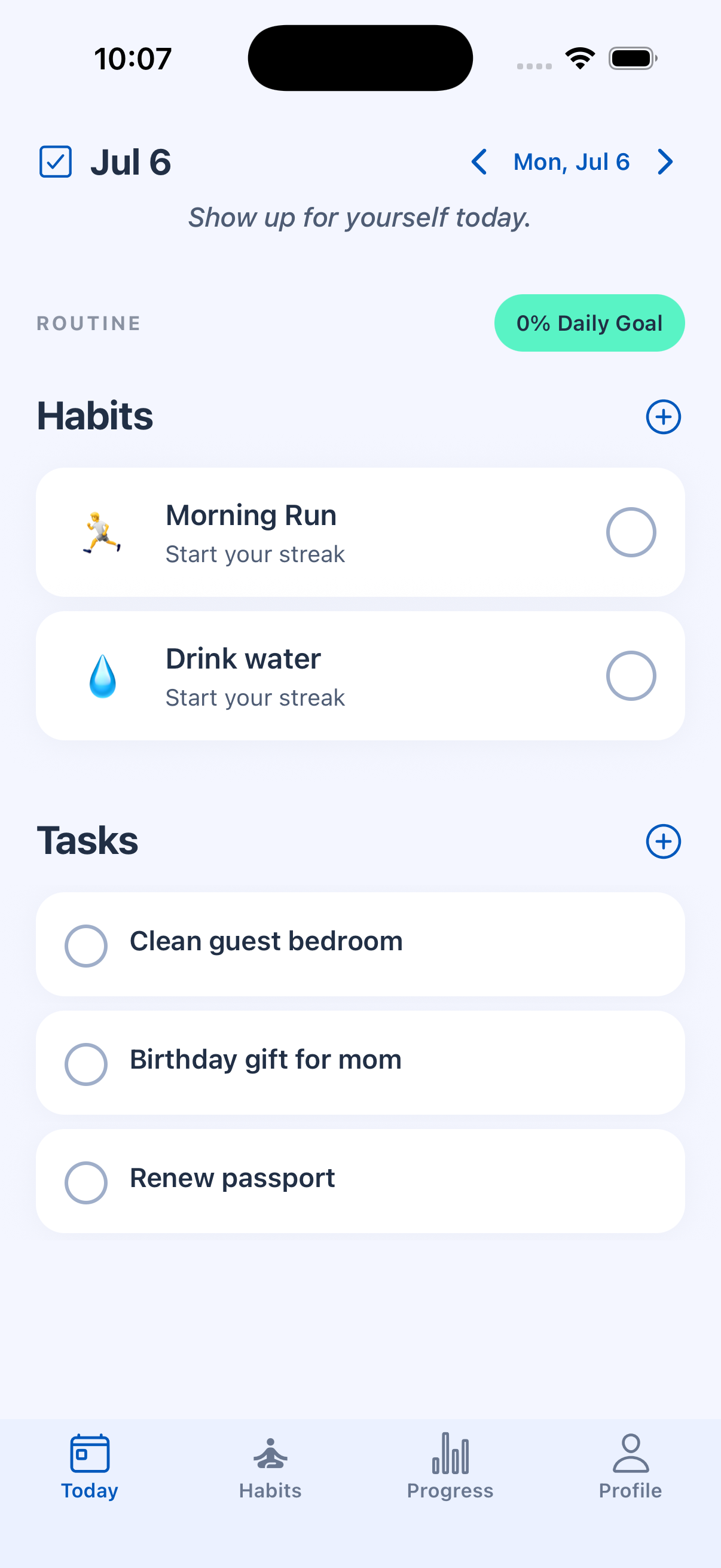 HabiTasker Today screen showing habits and tasks for the day