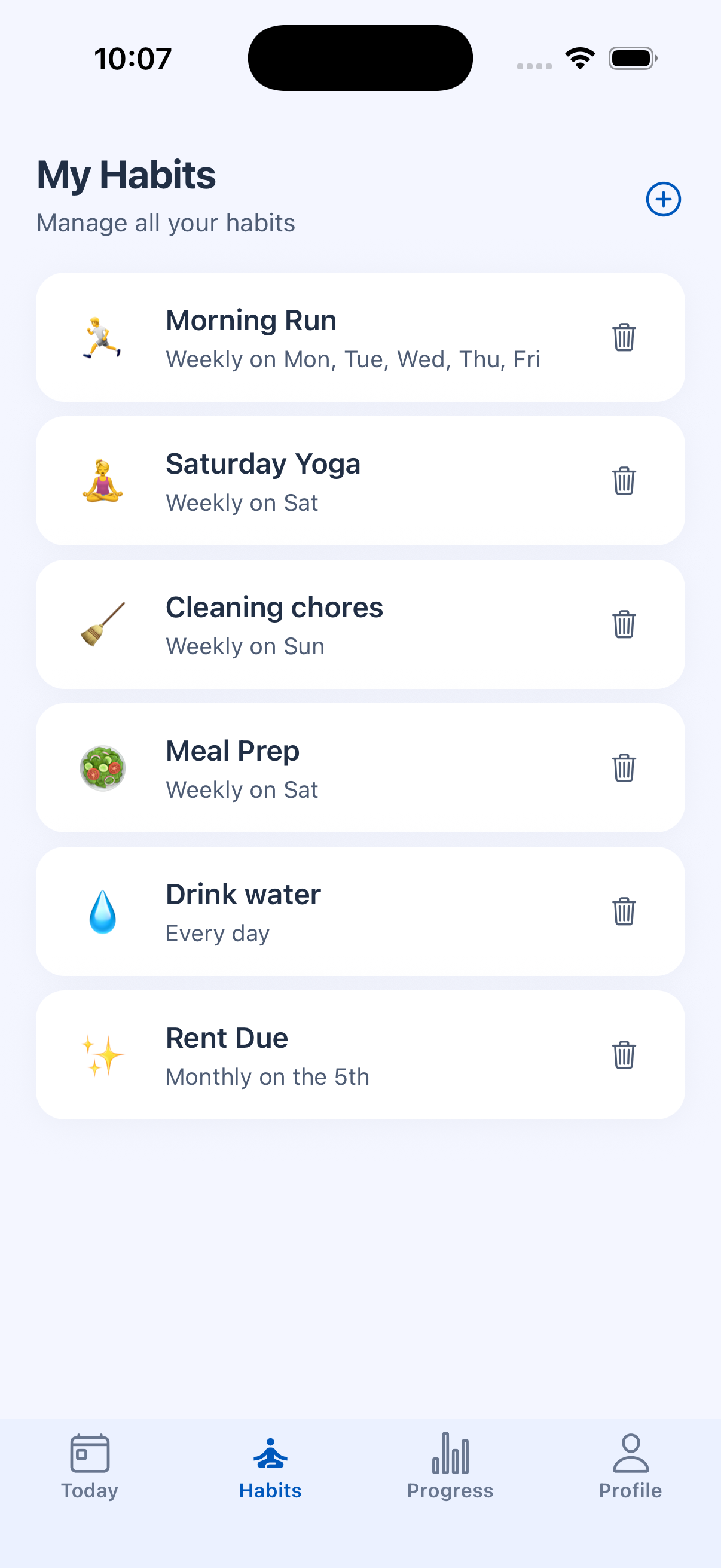 HabiTasker habits list with daily, weekly, and monthly routines