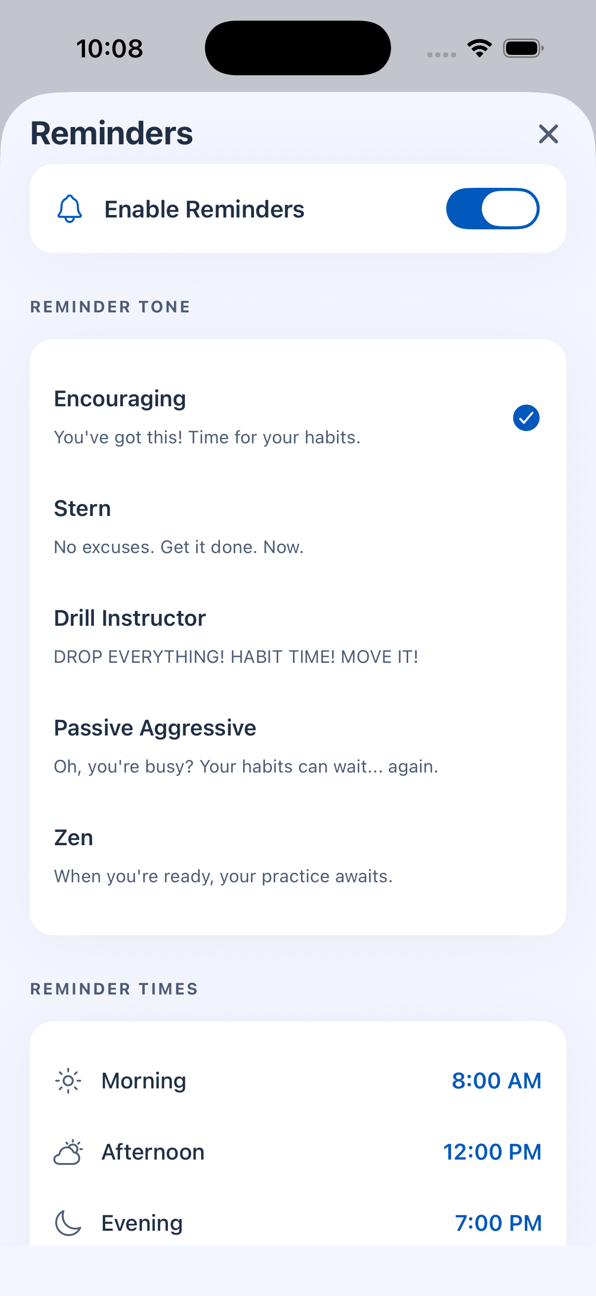 Reminder settings with selectable notification tones